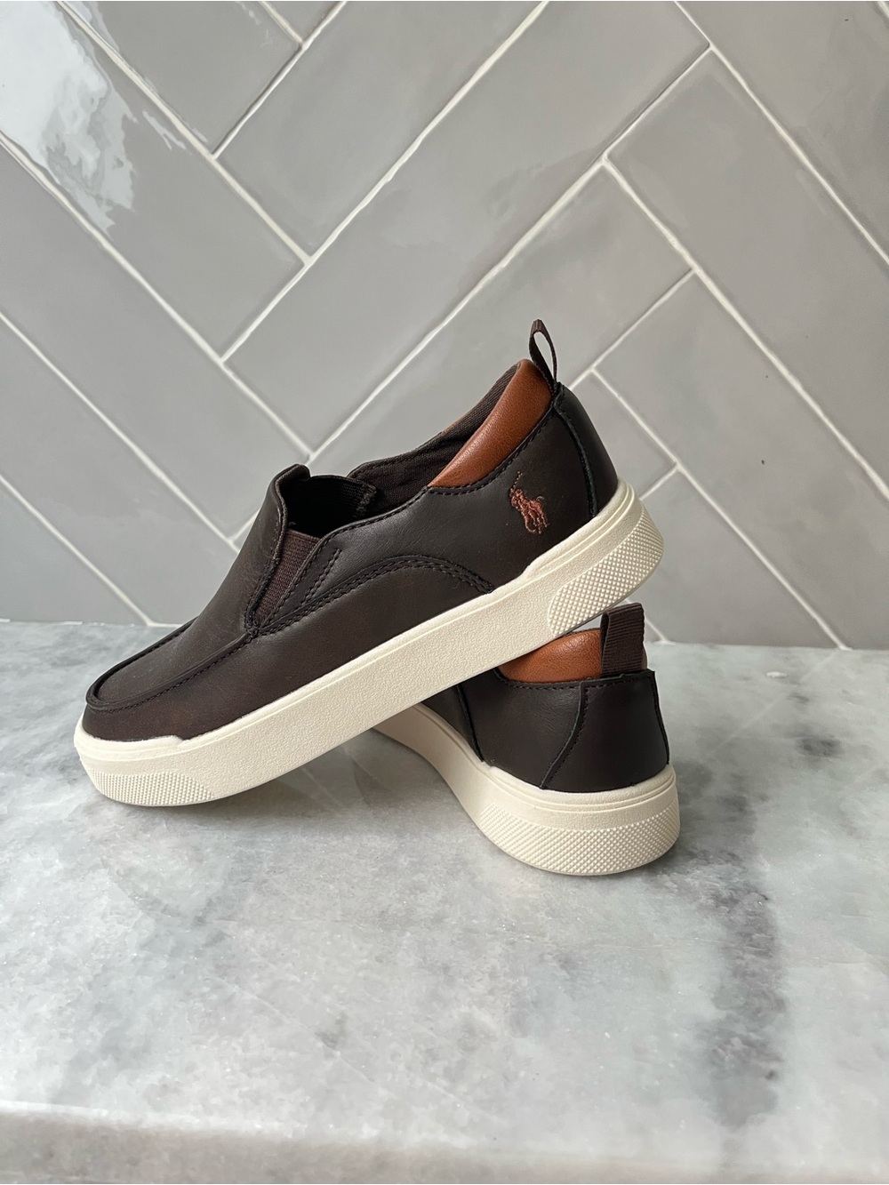 Polo by Ralph Lauren Dark Brown Leather Slip-On Sneakers with Tan Heel